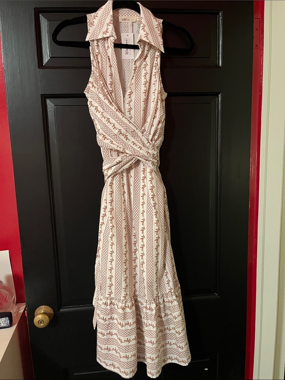 NWT Millibon Sleeveless Wrap Around Maxi Dress in Cream and Brown Stripe Print
